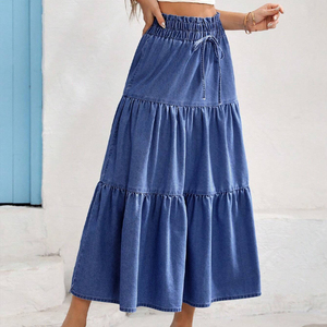 <span class=keywords><strong>Jupe</strong></span> <span class=keywords><strong>longue</strong></span> en jean décontractée vintage, taille élastique, coupe ample à volants, style doux, automne-printemps, <span class=keywords><strong>poches</strong></span> boutonnées, techniques de lavage - Product Image 6