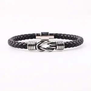 High Quality New Design Vintage Stainless Steel Infinity Charm Genuine Leather Bracelet For Men JBS12490