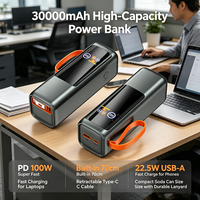 Batterie externe 30000mAh PD 100W à charge rapide avec câble Type-C rétractable intégré, cordon de transport durable intégré, format compact type canette de soda