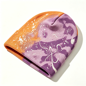 Unisex <b>Tie</b> Dye Knit Beanie Hat 100% Acrylic <b>Purple</b> Orange Graffiti Print Skully Cap Soft Warm Stretch Streetwear Autumn Image - Product Image 3