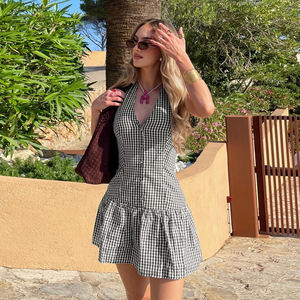 Robe d'été à carreaux style vacances, robe courte décontractée à bretelles nouées, col en V, boutons sur le devant, dos nu, pour femmes - Product Image 4