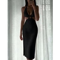 Robe longue midi pour femme, style licou, en crochet, à découpes, avec anneau à la taille, fente latérale, cache-maillot de bain, robe de plage et de vacances