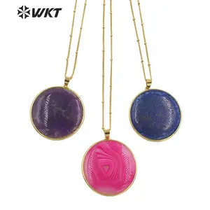 WT-N1392 Big Round plate stone pendant necklace fashion gold bezel Amethyst necklace Friend birthday gift plate necklace