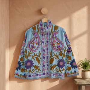 Veste en velours bleu ciel pour femmes, style Suzani, brodée à la main, motif floral Paisley, blazer court décontracté, devant ouvert, doublure rayée - Product Image 6
