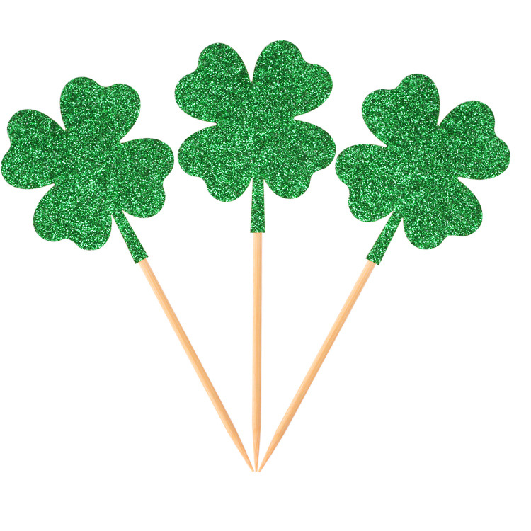 12Pcs St Patrick's Day Cupcake Toppers Glitter Four Leaf Clover Cupcake Toppers St Patrick's Day Cake Decoration Supplies