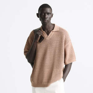 T-shirt polo pour homme en maille ajourée tricotée, personnalisé avec un logo imprimé de haute qualité, taille plus - Product Image 1