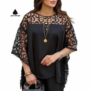 <span class=keywords><strong>Blusa</strong></span> de mujer personalizable <span class=keywords><strong>con</strong></span> diseño de encaje calado negro, manga murciélago holgada, top de crepé, camisa oversize de verano - Product Image 1