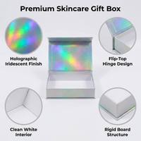 Boîte cadeau de luxe personnalisée en carton rigide à charnières pour produits de soin, avec insert découpé argenté holographique, emballage beauté