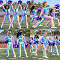 Ensemble de survêtement d'équipe Rainbow Ombre Cheer personnalisé avec impression étoile scintillante, comprenant un sweat à capuche entièrement zippé et un pantalon évasé, résistant à la décoloration