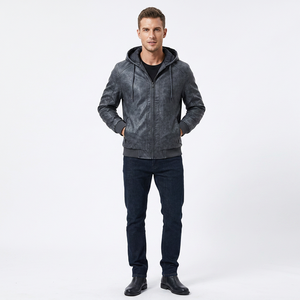 Mens Real Grey Leather Hooded <b>Jacket</b> Drawstring Hood Zip Pockets <b>Sheepskin</b> Distressed Bomber Coat Custom Winter Outerwear - Product Image 1