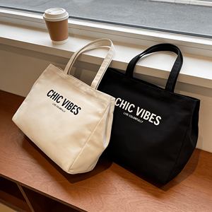 Zippered Canvas Tote <strong>Bag</strong> with Custom Logo Black &amp; White Letters for Men/Women All Seasons Shopping &amp; Daily Use - Product Image 1