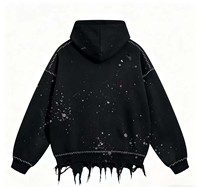 Sweat à capuche unisexe tendance, style streetwear, coupe ample et oversize, effet peinture éclaboussée, bords bruts, délavage vintage, effet usé