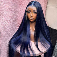 Wig Rambut Manusia Asli Pre Plucked Hd Transparent Lace Front Warna Piano Campuran Hitam Alami dengan Highlight Biru