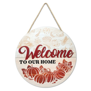 Wooden Welcome Sign Round Doorplate Thanksgiving Home <b>Decor</b> Hanging Item <b>White</b> Circular <b>Pumpkin</b> Theme - Product Image 5