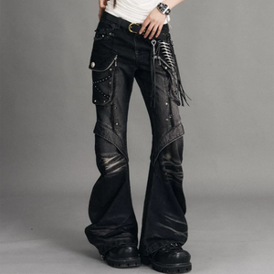 Vaqueros Góticos Y2K para Hombre con Lavado Degradado, Tachuelas, Desgastados, Rectos, Acampanados, con Múltiples Agujeros Grandes, Estilo Bootcut, de Mezclilla, con Efecto de Limpieza de Suelo - Product Image 3