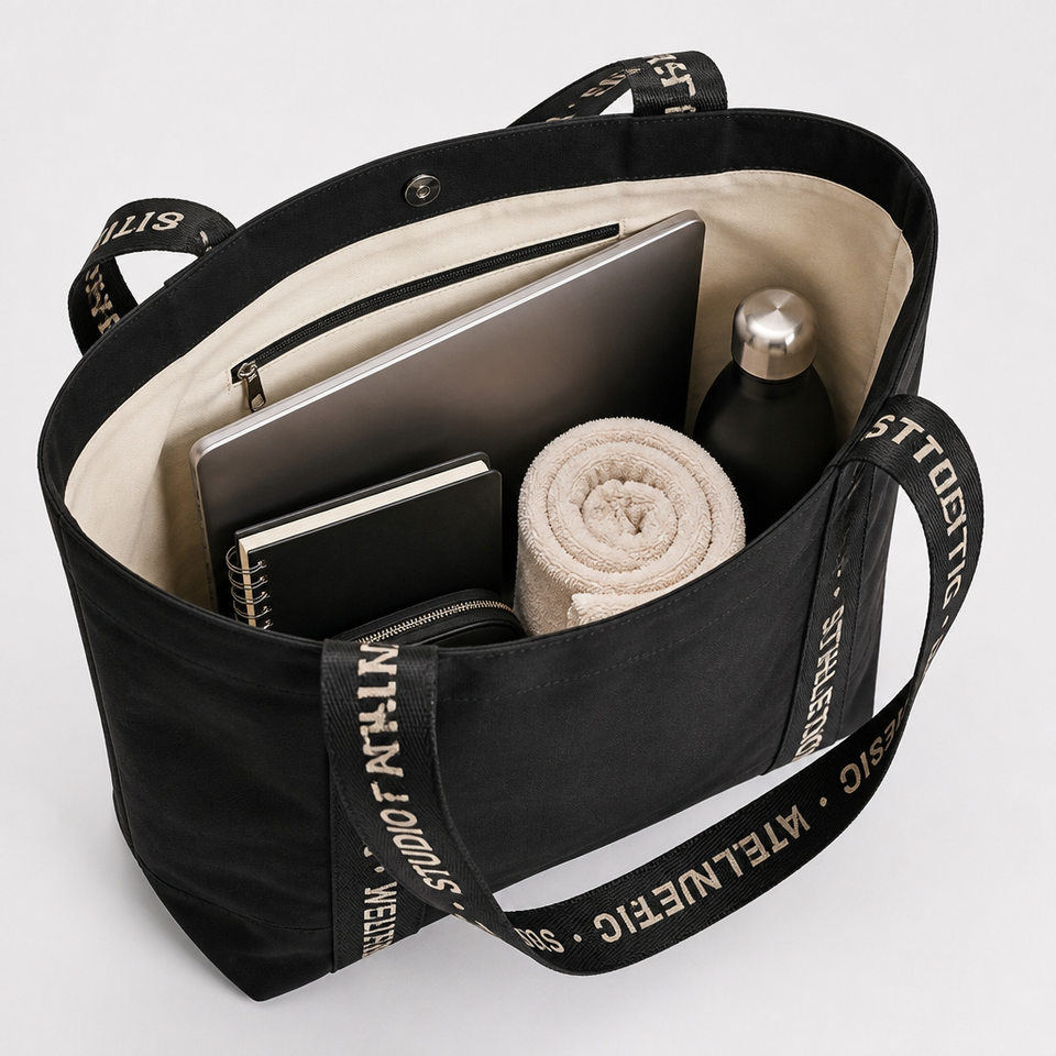 Cotton Canvas Tote Shopper Zipper Closure Letter Pattern Pocketed ...