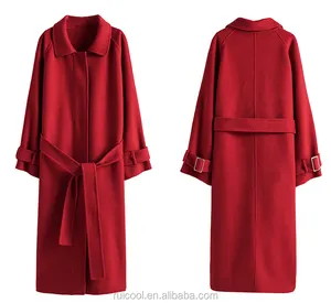 Mantel Panjang Wool Merah Ukuran Plus, Mantel Trench Wajah Ganda 100% Wol Asli untuk Wanita