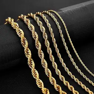 Atacado personalizado 3mm 4mm 5mm aço inoxidável, banhado, ouro, corda fina, colar, corda torcida, corrente de ouro