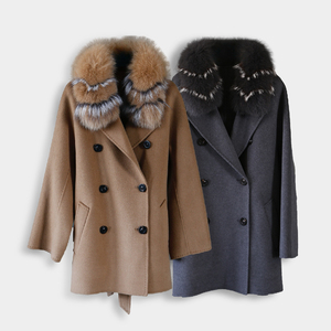 Cappotto Invernale da <span class=keywords><strong>Donna</strong></span> in Cashmere e Lana a Doppia Faccia con Vera Pelliccia di Volpe, Lussuoso Cappotto di Media Lunghezza - Product Image 1