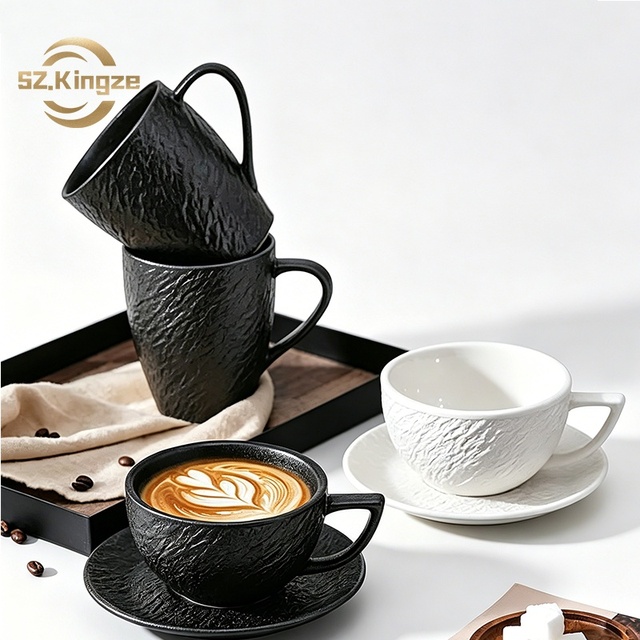 Kingze European Design Porcelain Latte Art Mug 300ml/400ml Rock Texture Coffee Cup & Saucer Set for Cafe Home Barista
