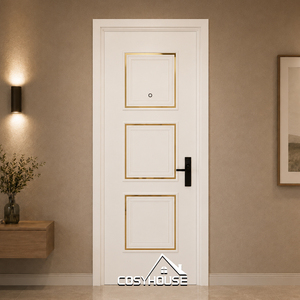 Puerta Interior Blanca de Lujo con Diseño de Panel con Incrustaciones Doradas y Cerradura Inteligente para Apartamento, Dormitorio y Hotel - Product Image 1