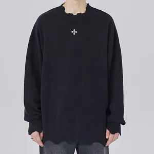 Casual custom fall black sweaters logo cross embroidery jumpers knitted pullover irregular crew neck oversized sweater for men