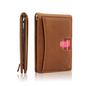 Customized Genuine Leather Man Money Clip Wallet Slim Crazy Horse Leather Card Holder RFID Mens Wallets