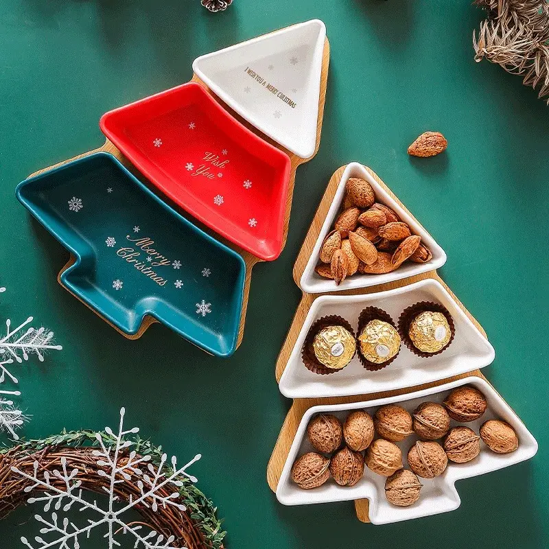 Keramik Weihnachts baum dekorative Trocken frucht Snack Serviert eller mit Bambus Tablett Geschirr für Home Restaurant Dessert