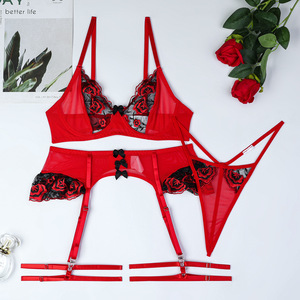 Conjunto de Lencería Erótica al por Mayor con Bordado de Rosas y Lazo, 4 Piezas, Conjunto de Sujetador y Braguita para el Día de San Valentín, Gran Venta - Product Image 6