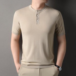 T-shirt en maille peignée de qualité tendance pour homme, col Henley, manches courtes, léger, <span class=keywords><strong>printemps</strong></span>-été, en Lyocell - Product Image 1