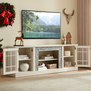 Mueble de TV Moderno de 70 Pulgadas con 2 Puertas de Almacenamiento, Consola Multimedia de Imitación Piedra, Centro de Entretenimiento Grande Blanco para Sala de Estar - Product Image 3
