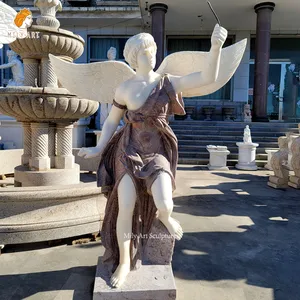 Statue di angelo piangenti a grandezza naturale in marmo Beige intagliato a mano da giardino