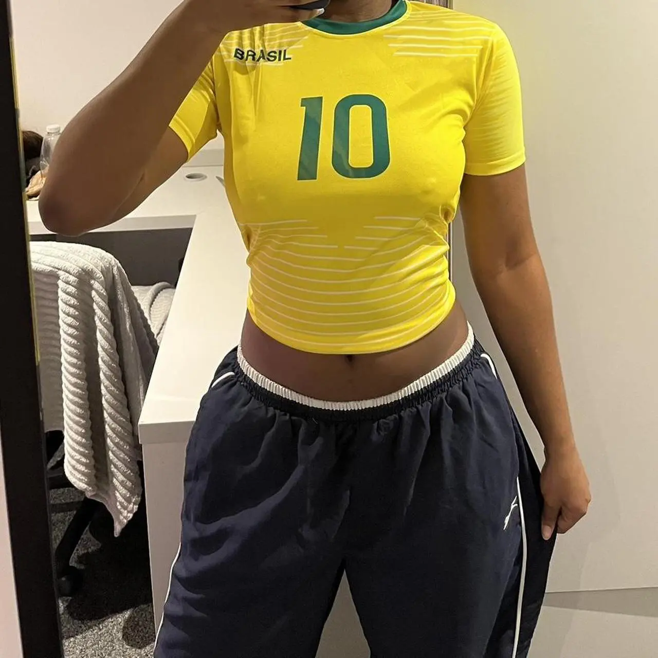 Brazil bóng đá bóng đá Jerseys đồng phục đội tuyển quốc gia người hâm mộ Câu lạc bộ No.10 in thời trang dạo phố Slim Y2K Crop Tops phụ nữ Bóng Đá t Áo sơ mi