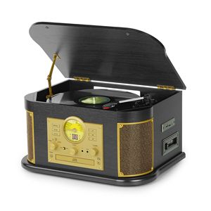 Tocadiscos vintage con caja de madera, directo de fábrica, con altavoz estéreo incorporado, 3 velocidades, función de radio, CD, cinta y ecualizador para el hogar. - Product Image 1