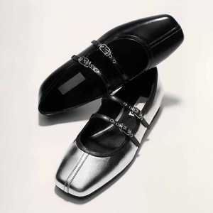 Zapatos Mary Jane Franceses Retro Plateados con Punta Cuadrada Alice, Primavera-Verano 2026, Nueva Llegada, Zapatos Planos de Cuero con Punta Abierta - Product Image 1
