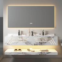 Meuble de salle de bain en dalle de roche Centurymosaic avec miroir intelligent LED et lavabo en céramique pour villa, hôtel, appartement