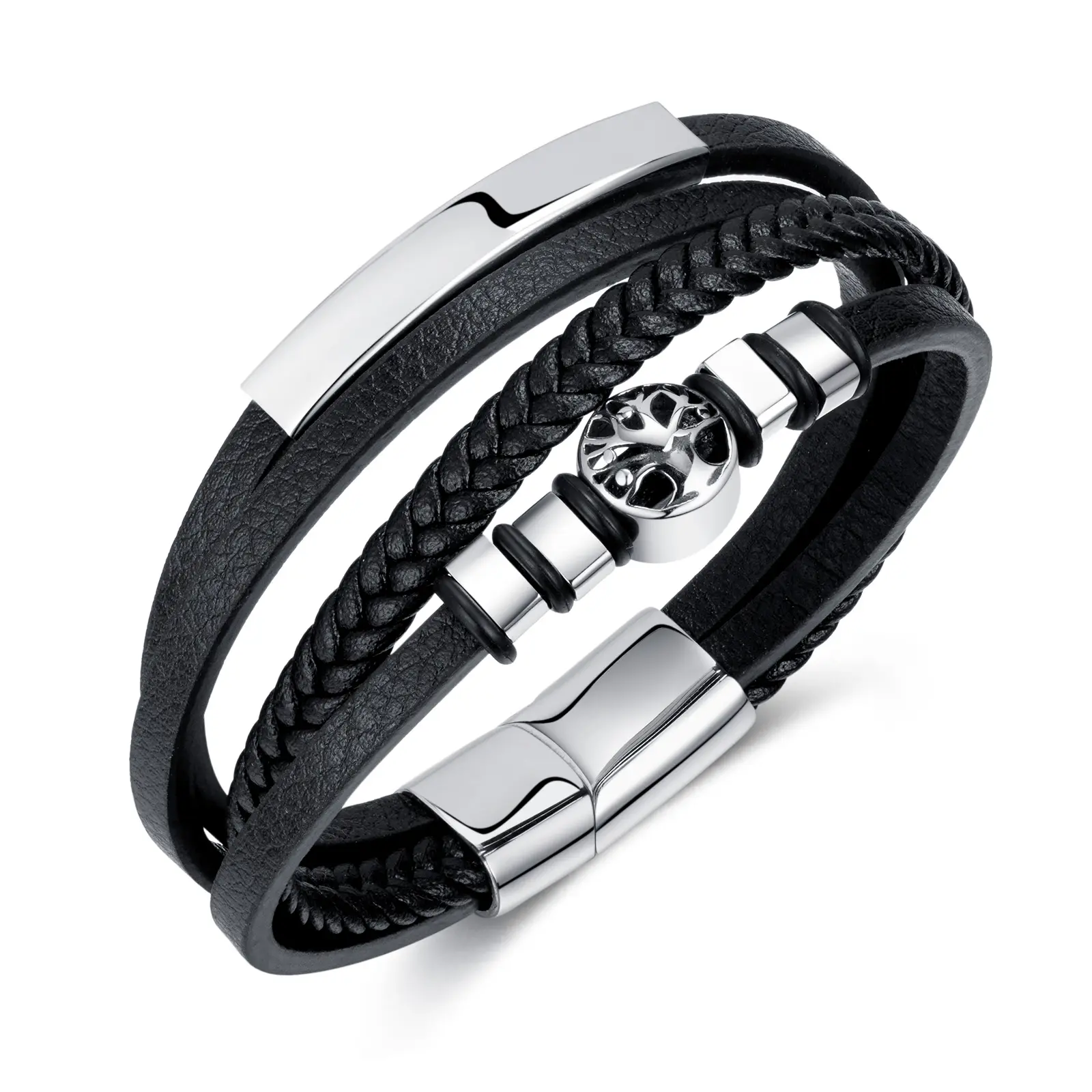 Fashion Handwoven Multilayer Design stainless steel tree of life vintage leather bracelet for men
