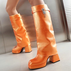 Bright Color Wide Fit Large Size 48 Women Square Toe Overlay Shoes Lady Lock Shark Booties Chunky Heels Knee High <b>Boots</b> - Product Image 2