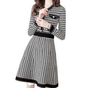 OEM ODM factory custom autumn winter 2023 junior women dress young ladies new black knitted V-neck classy sweater dresses