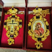 ZD052 Coffret Cadeau Spirituel Grec Orthodoxe avec Croix Pectorale et Collier Panagia Plaqué Or Motif Vigne