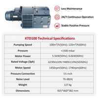 Kompresor Wordfik +1500mbar 100m3/jam 7HP KTD100 Pompa Tekanan Rotary Vane Kering untuk Penanganan Pelat dan Adsorpsi Vakum