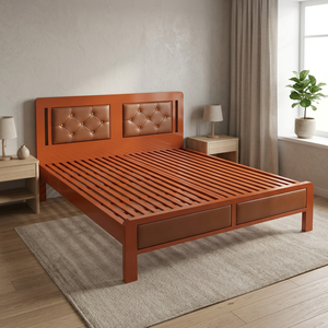 Cadre de lit moderne en fer avec sommier intégré, taille Queen (1,6 m x 2 m), finition imitation bois, design carré élégant et durable, mobilier d'hôtel - Product Image 2