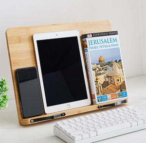 Support de recettes moderne en bambou sur pied avec poignée réglable, porte-livres à un seul niveau, pinces à pages, étagère portable pour livres de cuisine - Product Image 3