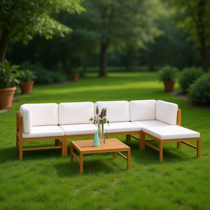 Ensemble de salon de jardin modulaire en teck 6 places, mobilier d'extérieur au design contemporain, coussins crème - Product Image 3