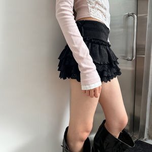 Mini-jupe d'été pour femme, en dentelle tricotée, à volants superposés, taille basse, coupe ajustée, avec détail nœud, style A-line, mode décontractée, haute qualité - Product Image 3