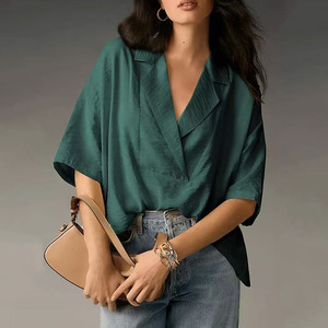 Camicia a maniche corte con risvolto a tinta unita <span class=keywords><strong>da</strong></span> donna, blusa casual a vestibilità ampia, top estivo nuovo arrivo - Product Image 5