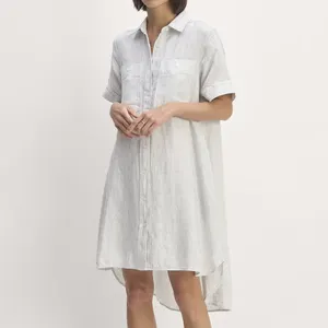100% Linen Womens shirtdress tùy chỉnh mùa hè Áo sơ mi Dresses đối với phụ nữ ngắn tay Áo của phụ nữ giản dị Dresses