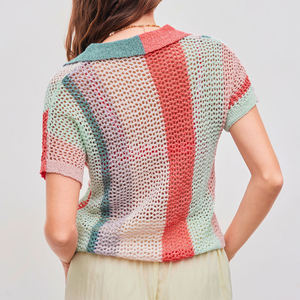 Camiseta de punto a rayas con botones y solapa, holgada, de color contrastante, de manga corta, estilo crochet, para mujer, al por mayor - Product Image 4