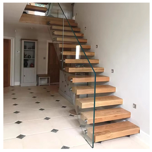 <strong>Floating</strong> Staircase With Teak Treads And Frameless Glass Railing Stairway