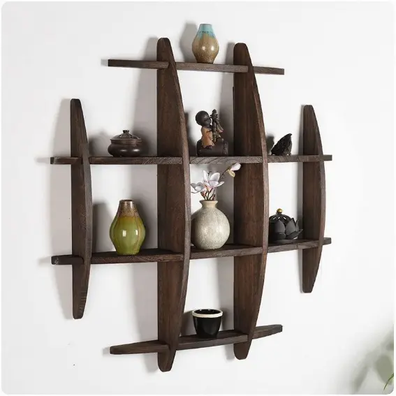 Solid wood modern and simple Chinese style wall mounted tea rack tea set display rack